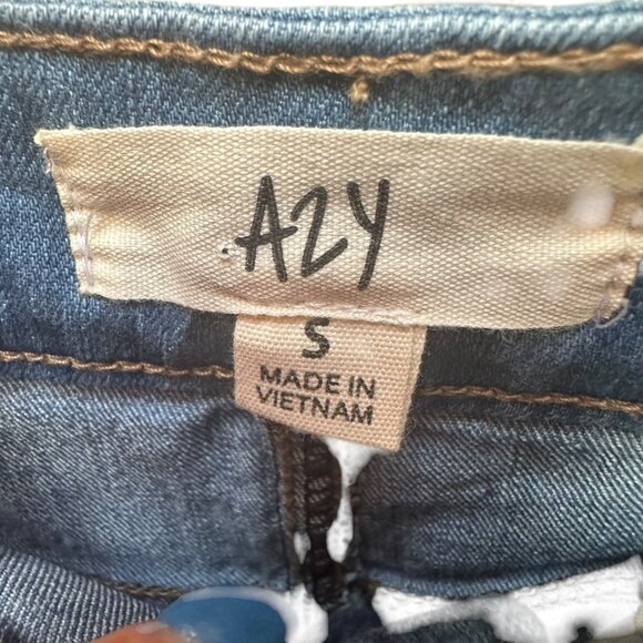 Azy‎ Distressed Denim Pencil Skirt Blue Front Slit Frayed Hem Boho Festival S - Picture 3 of 3